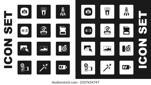 Ajuste el trípode, cámara fotográfica, cuadro 4, tarjeta SD, flash e icono de retoque. Vector