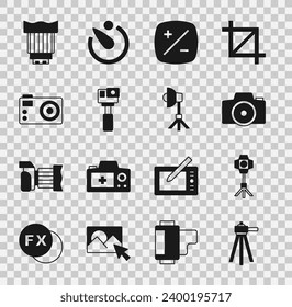 Set Tripod, Softbox light, Photo camera, Exposure compensation, Action, Camera photo lens and  icon. Vector