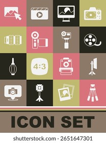 Set Tripod, Studio light bulb in softbox, Film reel, Photo retouching, Cinema camera, Camera photo lens,  and Action extreme icon. Vector