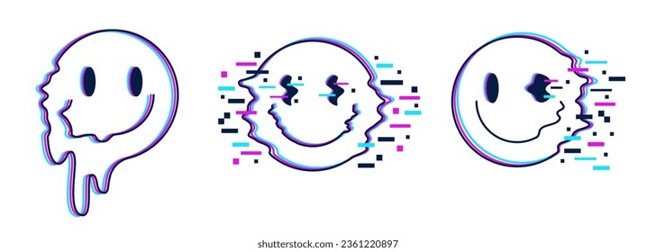 Un conjunto de sonrisas trippy distorsionadas con efecto de destello. Caras sonrientes con ilusión óptica de fusión y decadencia de píxeles digitales. Acid rave, diseño de los 90. Ilustración del vector