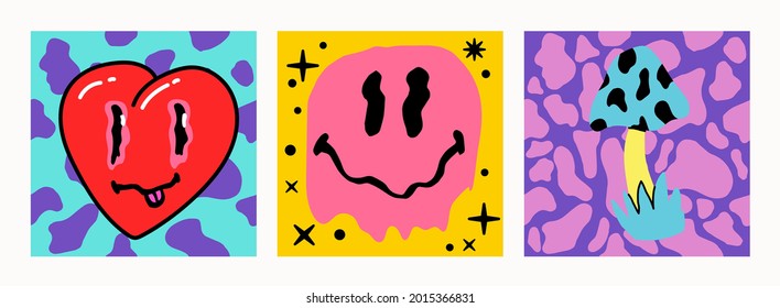 Set of trippy psychedelic 70's style cards with cartoon illustrations of a melting smiling face, a heart and a mushroom.