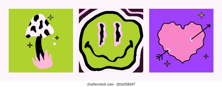 Juego de tripilleras tarjetas de estilo psicodélico de los años 70 con dibujos animados de una cara sonriente que se derrite, un corazón y un hongo.