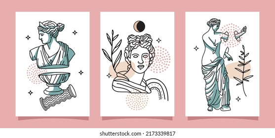 Set of Trippy psychedelic posters, A4 size cover design, surreal cards. Greek sculpture, floral elements, modern statues, geometric shapes in trendy acid weird style. Hand drawn linear vector