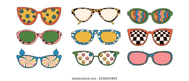 Set of trippy sunglasses in different forms with patterns. Vector illustrations isolated on white background.