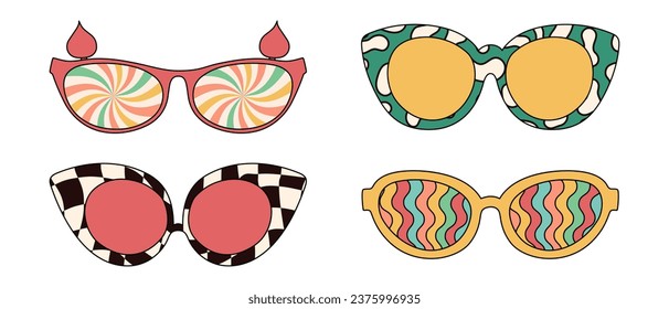 Set of trippy sunglasses with groovy patterns and vintage colors. Vector graphics isolated on white background.