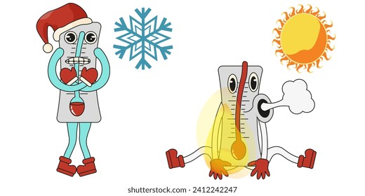 Set trippy Thermometer in trendy Rubber Hose retro style. Funky cartoon Thermometer isolated white background. Vector illustration can used forecast symbol, web site element and t-shirt print. EPS 10