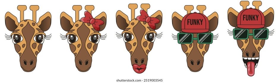 Set of trippy weird Giraffe head isolated white. Cute vector Giraffe can used t-shirt print postcard cover design template. Flat funky vector illustration for zoo. EPS 10