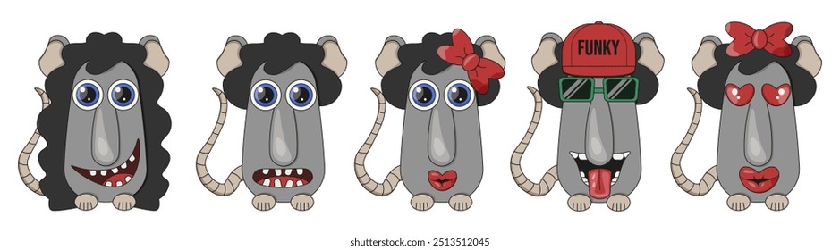 Set of trippy weird mouse isolated white background. Cute vector mouse can used t-shirt print postcard cover design template. Flat funky vector illustration. EPS 10