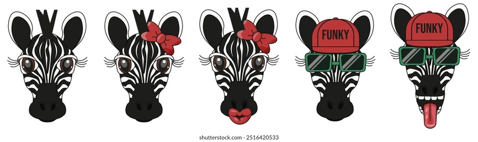 Set of trippy weird Zebra head isolated white. Funny vector Zebra can used t-shirt print postcard cover design template. Flat funky vector illustration for zoo. EPS 10