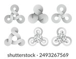 Set of triquetra knot signs made of three connected disks and rings made of different types intersection. Modern stylization of celtic trinity symbols. Vector illustration isolated on white background