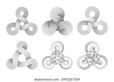 Set of triquetra knot signs made of three connected disks and rings made of different types intersection. Modern stylization of celtic trinity symbols. Vector illustration isolated on white background