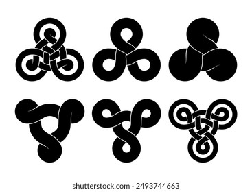 Set of triquetra knot signs made of three connected disks and rings. Stylized tattoo design of celtic trinity symbols. Vector illustration isolated on a white background.