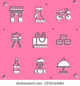 Set Triumphal Arch, French rooster, Bicycle, Easel or painting art boards, baguette bread, Macaron cookie, Bottles of wine and man icon. Vector