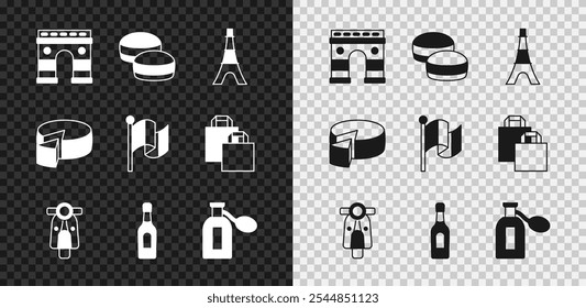 Set Triumphbogen, Macaron Cookie, Eiffelturm, Scooter, Champagner Flasche, Parfüm, Käse und Flagge Frankreich Symbol. Vektorgrafik