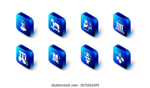 Set Trojan horse, Zeus, Parthenon, Olives branch, Ancient amphorae, Body armor,  and bust sculpture icon. Vector