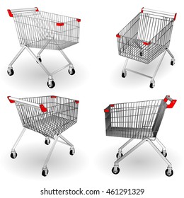 Set Trolley 3d for shopping. Shopping carts. Retail Equipment. Vector illustration on a white background.