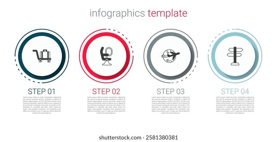 Set Trolley baggage, Airplane seat, Globe with flying and Road traffic sign. Business infographic template. Vector