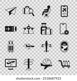 Set Trolley baggage, Airplane window, No cell phone, Human waiting airport terminal, Plane, Airline ticket, Paper airplane and Suitcase icon. Vector