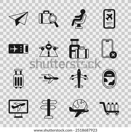 Set Trolley baggage, Airplane window, No cell phone, Human waiting airport terminal, Plane, Airline ticket, Paper airplane and Suitcase icon. Vector