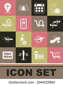 Set Trolley baggage, Escalator down, Plane, Calendar and airplane, Mobile with ticket, Airplane search,  and  icon. Vector