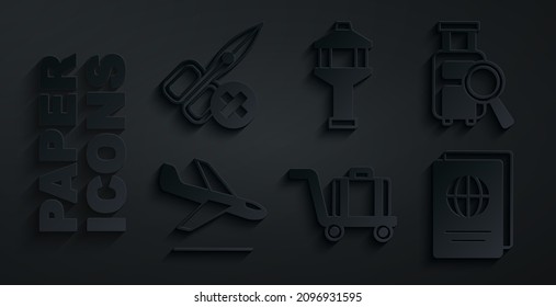 Set Trolley baggage, Lost, Plane landing, Passport, Airport control tower and No scissors icon. Vector