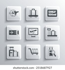 Set Trolley baggage, Lost, Scale with suitcase, Plane, Suitcase, Airline ticket, Globe flying plane and Liquids carry-on icon. Vector