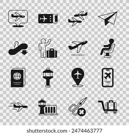 Set Trolley baggage, Mobile with ticket, Human waiting in airport terminal, Plane, Tourist suitcase, Escalator down,  and takeoff icon. Vector