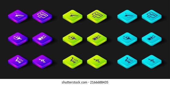 Set Trolley baggage, Plane, Globe with flying plane, Suitcase,  and Paper airplane icon. Vector