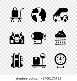 Set Trolley baggage, Worldwide, Passenger ladder, Parachute, Scale with suitcase, Clock, Aircraft steering helm and Airship icon. Vector