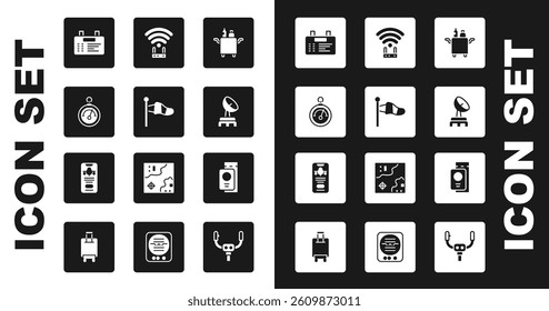 Set Trolley for food, Cone meteorology windsock, Barometer, Airport board, Radar, Router and wi-fi signal, Passport with ticket and Mobile icon. Vector