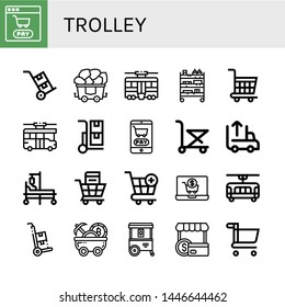 Set of trolley icons such as Shopping cart, Trolley, Coal, Tram, Cart, Unloading, Hospital bed, Mine cart, Ice cream Shopper , trolley