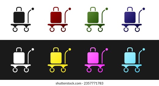 Set Trolley suitcase icon isolated on black and white background. Traveling baggage sign. Travel luggage icon.  Vector