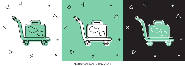 Set Trolley suitcase icon isolated on white and green, black background. Traveling baggage sign. Travel luggage icon.  Vector