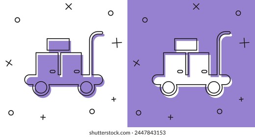 Set Icono de maleta Trolley aislado sobre fondo blanco y púrpura. Señal de equipaje de viaje. Icono de equipaje de viaje.  Vector