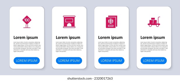 Set Trolley suitcase, Passport, Ticket office to buy tickets and Speed limit traffic sign 100 km. Business infographic template. Vector