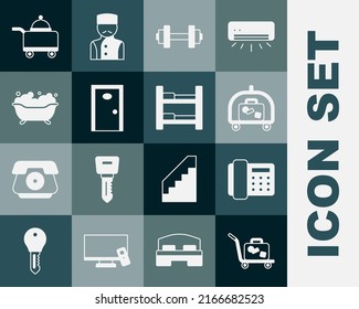 Set Trolley Suitcase, Telephone Handset, Hotel Luggage Cart, Dumbbell, Door, Bathtub, Covered With Tray Of Food And Room Bed Icon. Vector