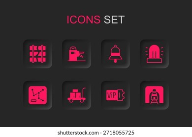 Set Trolley suitcase, Turnstile, Broken or cracked railway, Train ticket, Flasher siren, tunnel, station bell and Railway map icon. Vector