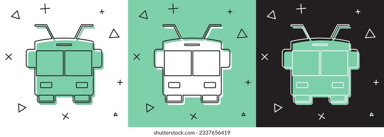 Establece el icono del Trolebus aislado en fondo blanco y verde, negro. Símbolo del transporte público.  Vector