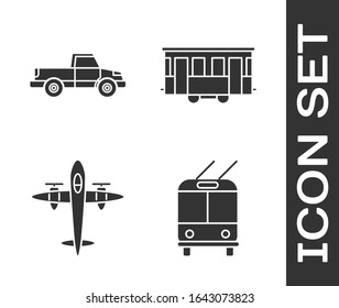 Set Trolleybus, Pickup truck, Old retro vintage plane and Old city tram icon. Vector