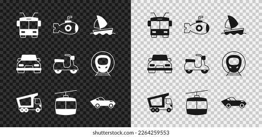 Set Trolleybus, Submarine, Yacht sailboat, Delivery cargo truck, Cable, Car,  and Scooter icon. Vector