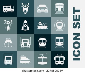 Set Trolleybus, Train and railway, Car, Rocket ship, Scooter, Bus and Oil tanker icon. Vector