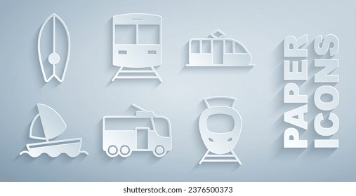 Set Trolleybus, Tram and railway, Yacht sailboat, Train and Surfboard icon. Vector