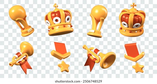 Set of trophies in cartoon style. Golden ball on stand, crown, order with star, trumpet