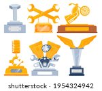 Set trophies, gold and silver cups, winner racing championship, design cartoon style vector illustration, isolated on white.