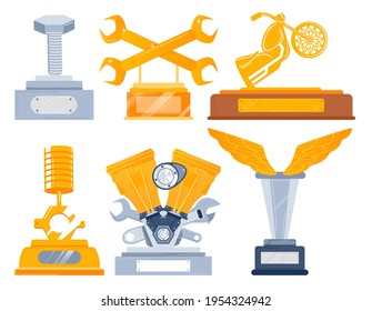 Set trophies, gold and silver cups, winner racing championship, design cartoon style vector illustration, isolated on white.