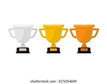 Set of Set of trophies. Gold trophy. Silver trophy. Bronze trophy. White background.