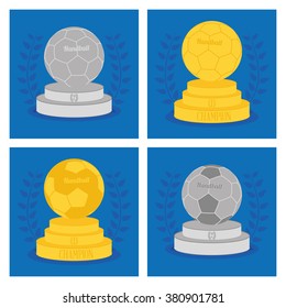 Set of trophies with handball balls on blue backgrounds with laurel wreaths