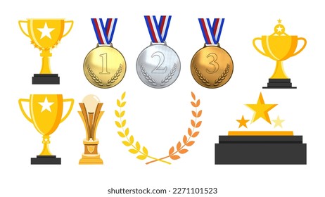 Set of trophies and medals. First, second and third place. Gold, silver and bronze.