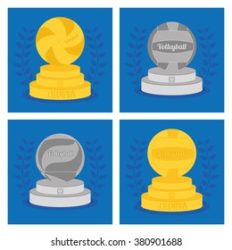 Set of trophies with volleyball balls on blue backgrounds with laurel wreaths