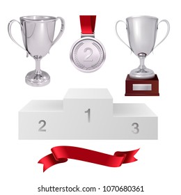 A set of trophies of the winner. Second place. Silver cups, gold medal, red ribbon and pjadestal. Isolated on white background. Vector.